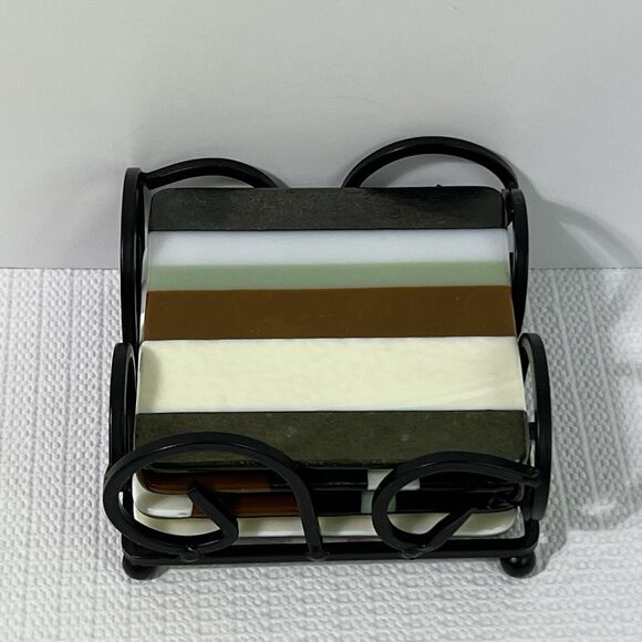 Set of 4 Glass Coasters Multi Geometric Shimmering Square With Wroth Iron Holder - Picture 1 of 13